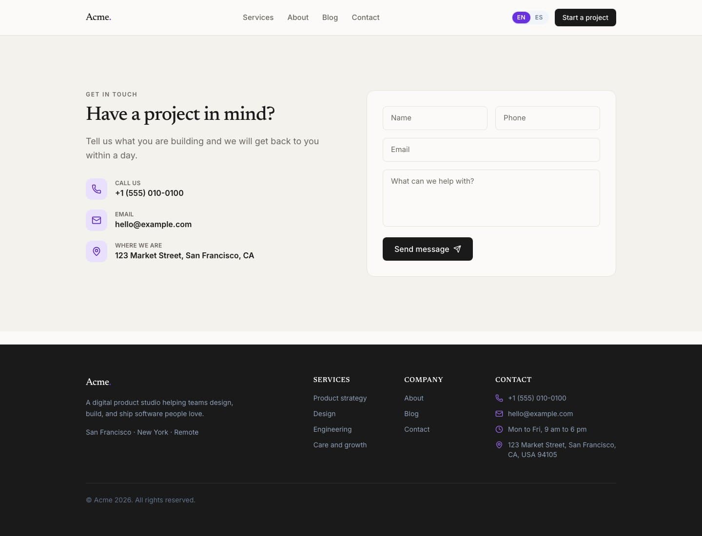 English contact page