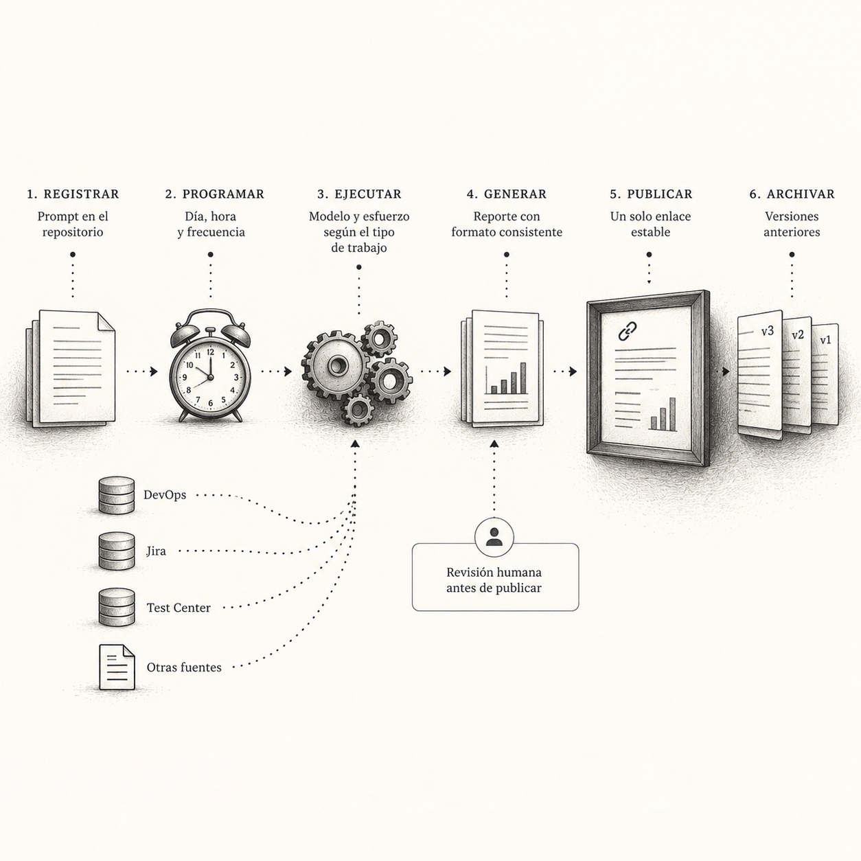 Los seis pasos: registrar el prompt en el repositorio, programar día, hora y frecuencia, ejecutar con el modelo y esfuerzo que pide el trabajo, generar un reporte con formato consistente, publicar en un solo enlace estable, archivar las versiones anteriores. Las fuentes alimentan la ejecución; una persona revisa antes de publicar.