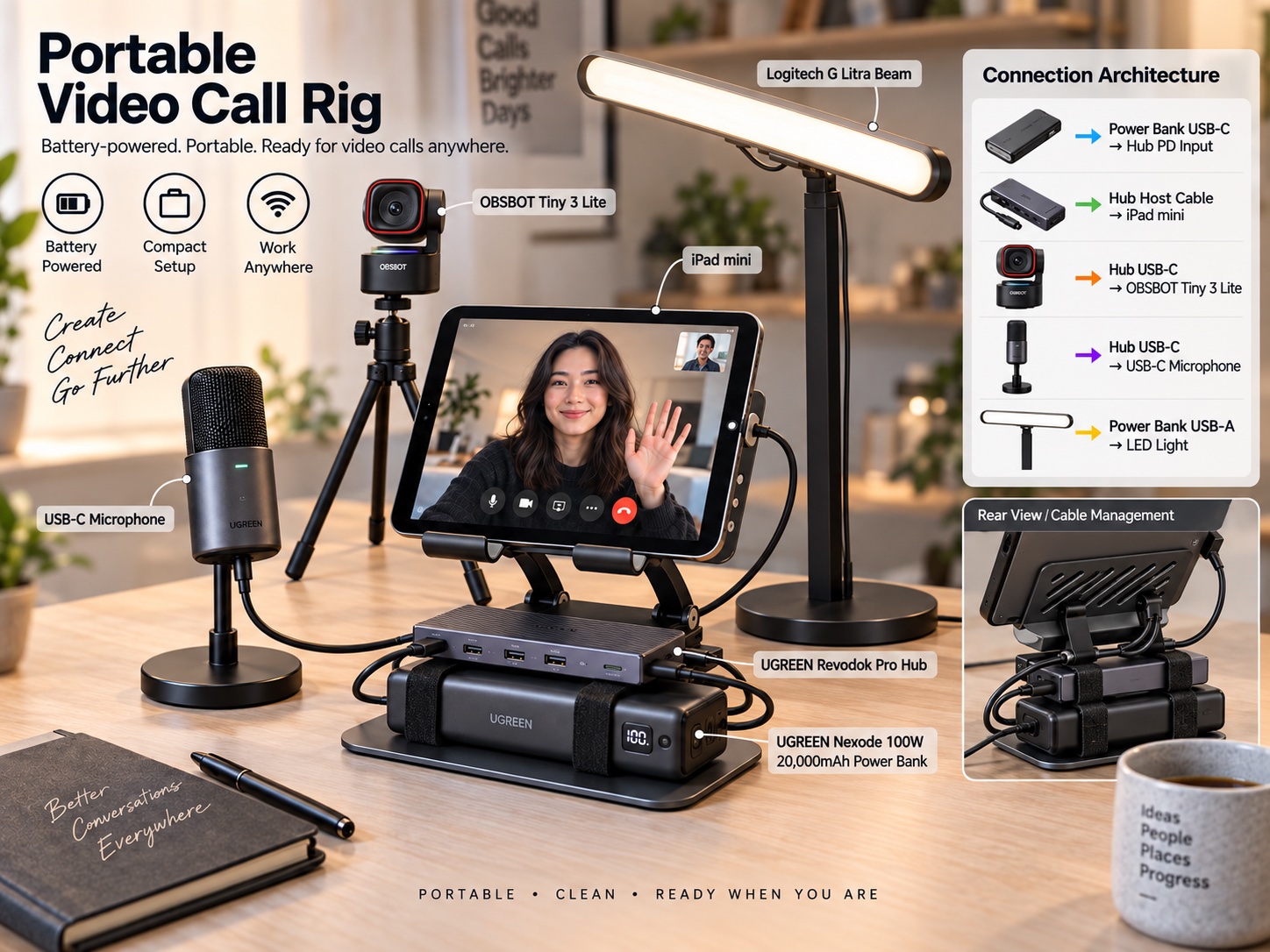 The rig as a video-call setup: iPad mini as the display, a small PTZ camera, a USB-C microphone, an LED bar, a USB-C hub, and a 100W power bank feeding all of it