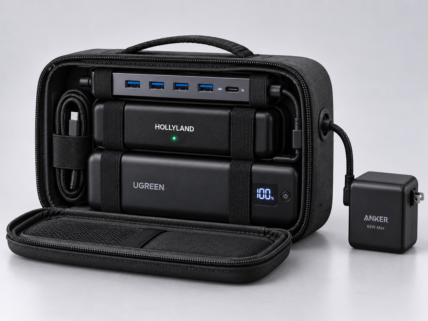 The harness packed: hub, wireless audio receiver, power bank and cables in one case, with a single wall charger to refill it