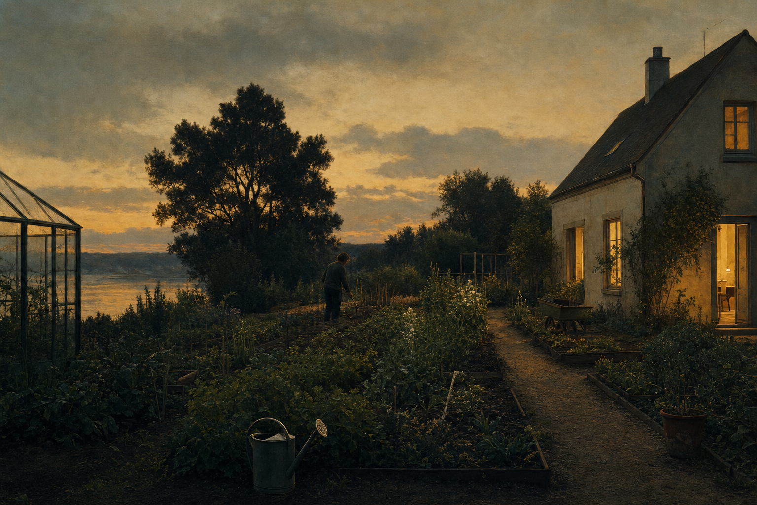A living garden at dusk, tended and still becoming.