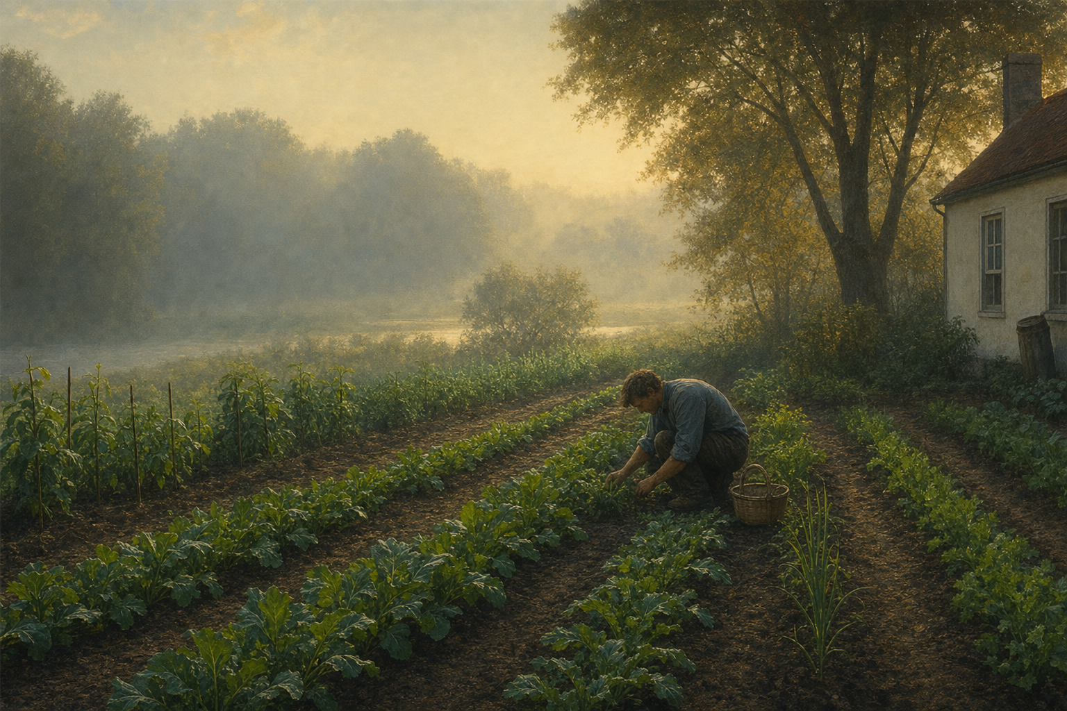 Cultivated garden in morning mist, deliberately tended rows.