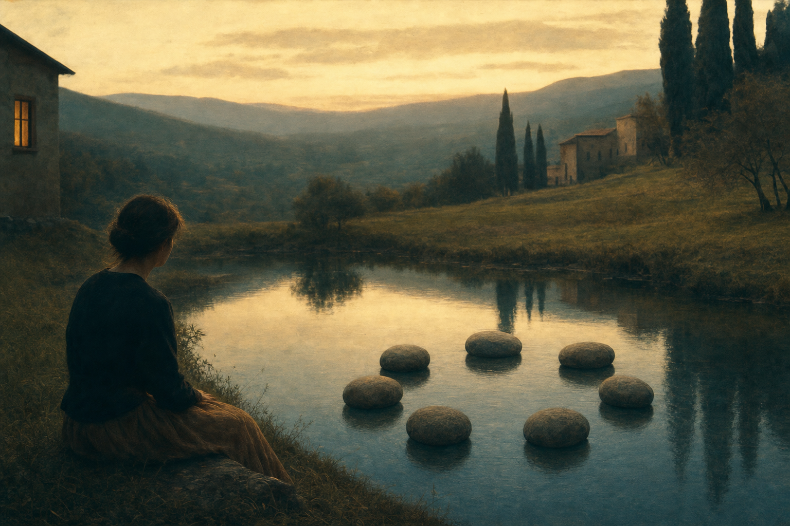 Seven stones arranged in a circle on still water.