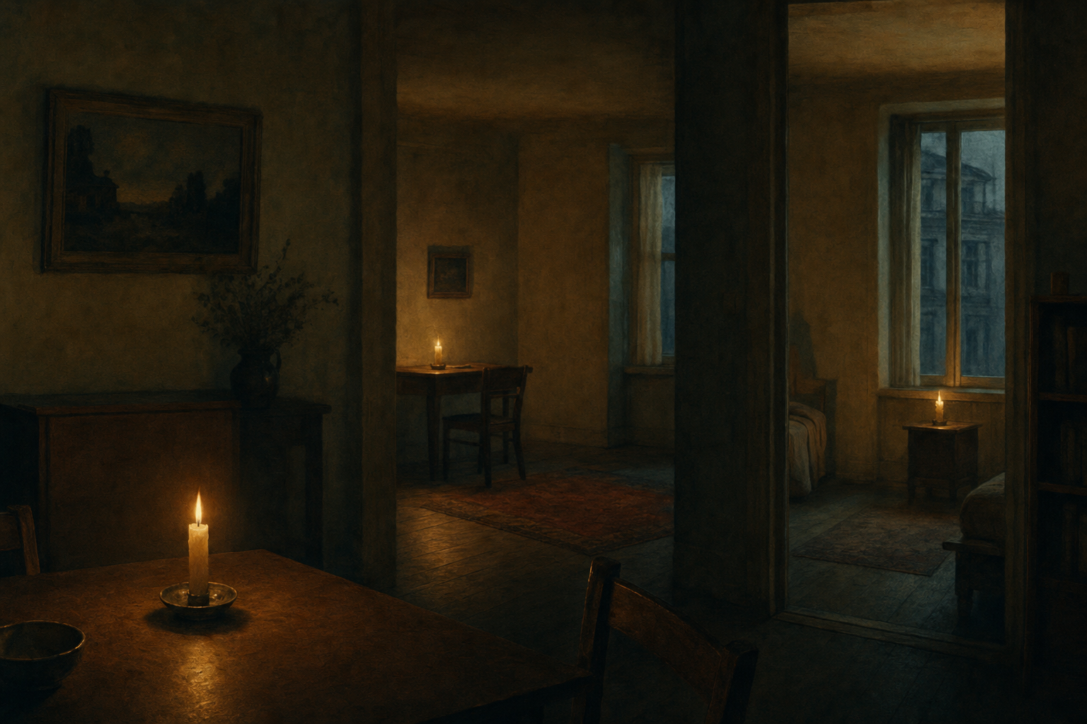 Three separate candle flames burning alone in a dark room.