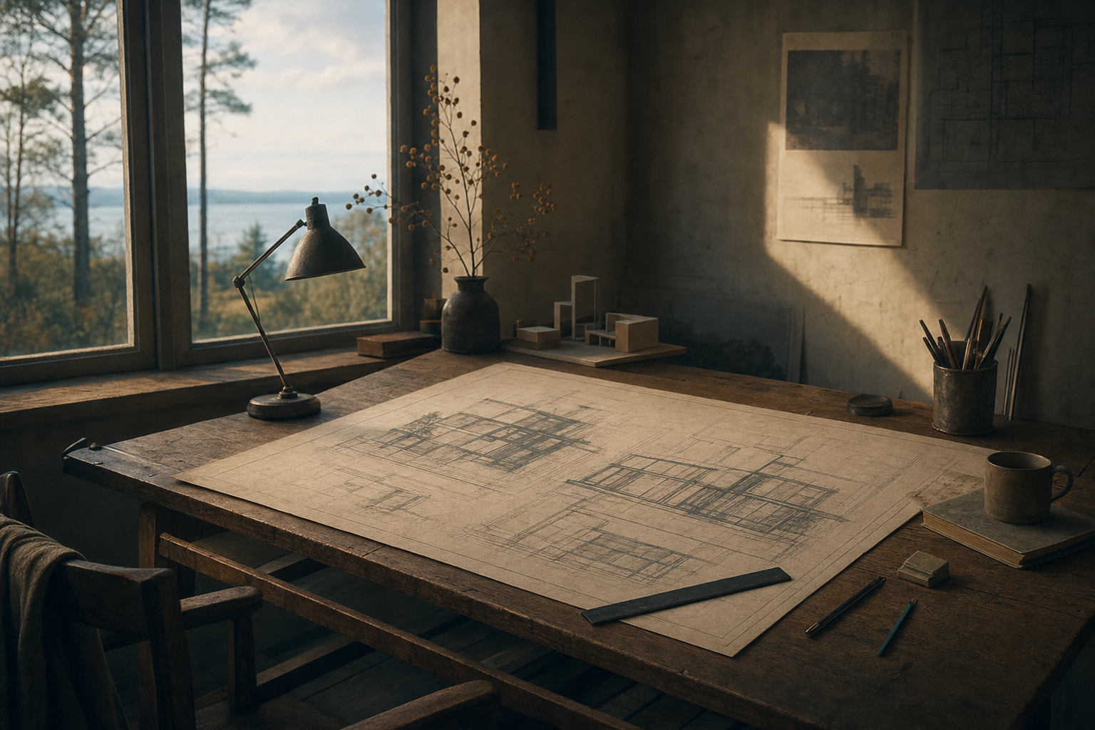 Architect's blueprint on a wooden table, careful lines.