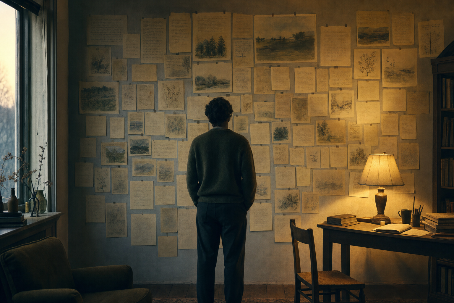 Wall of handwritten timeline entries in warm lamplight.