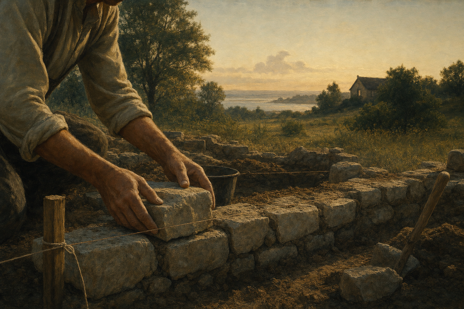 Craftsperson's hands laying the first stones of a foundation.