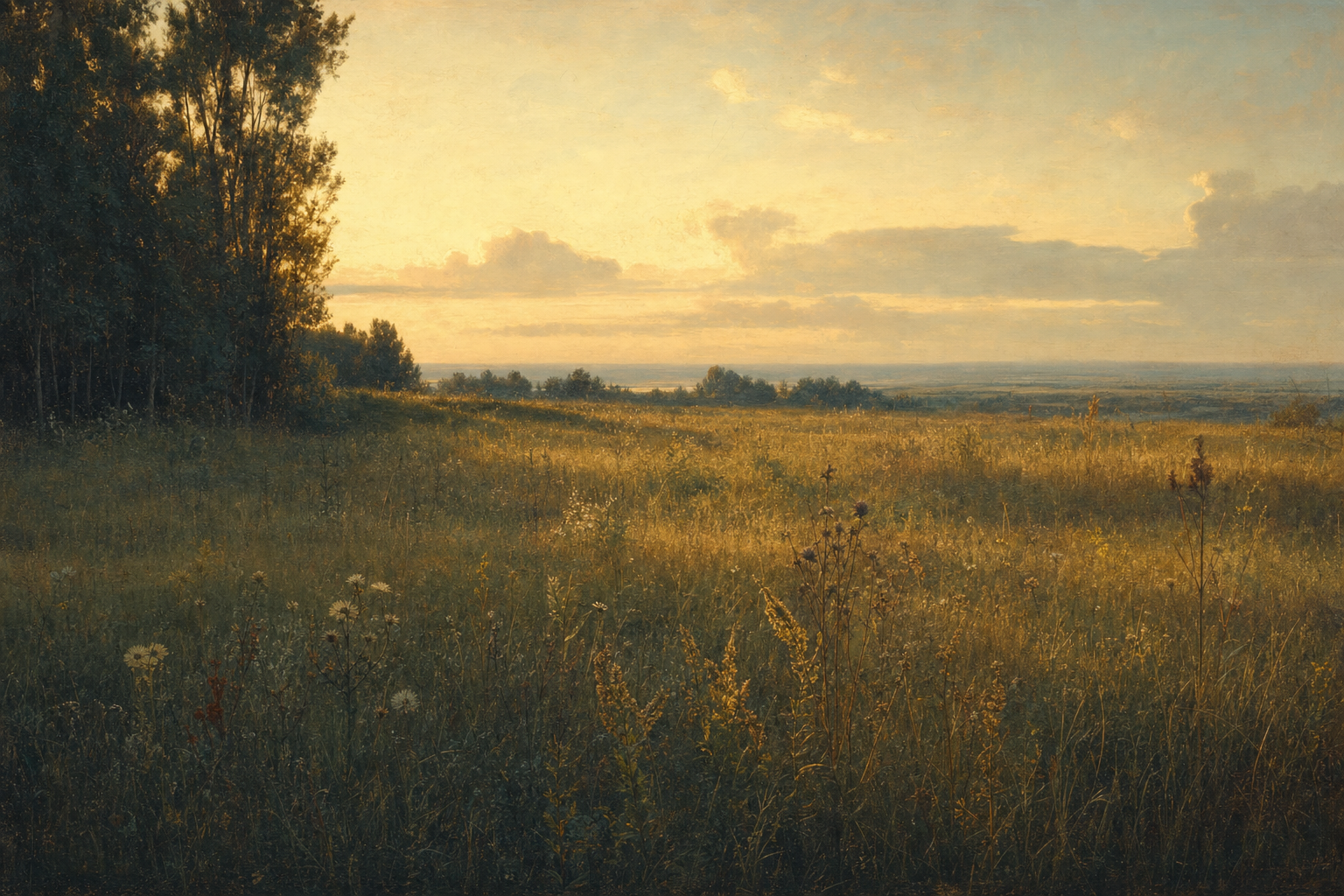 Wide field of wild grass at golden hour, uncharted and open.