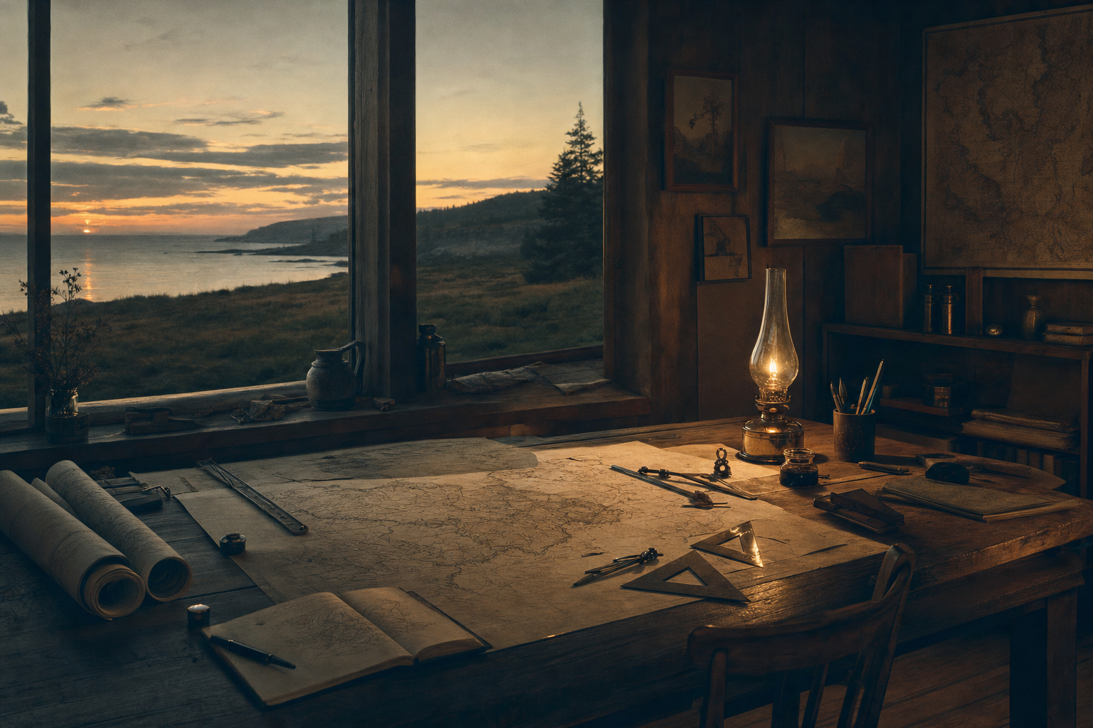 Cartographer's table at dusk with half-drawn maps and instruments.