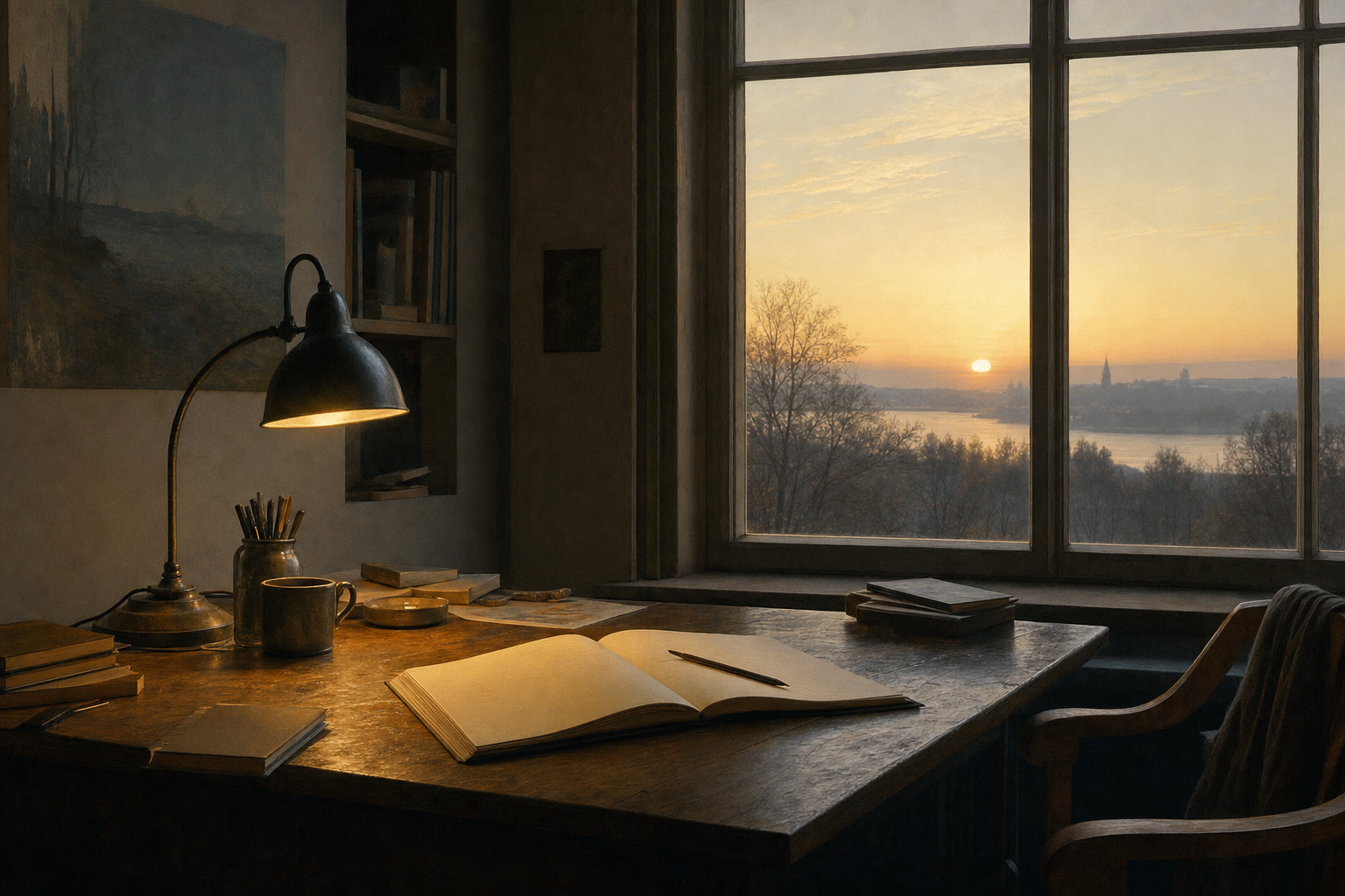 Quiet desk at dawn, notebook open beside a lamp.