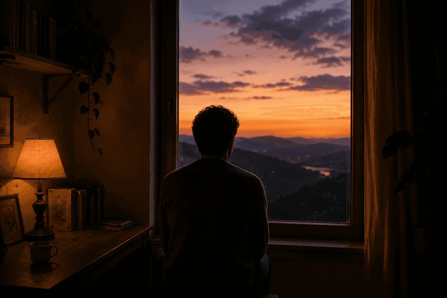 Una persona ante una ventana al atardecer