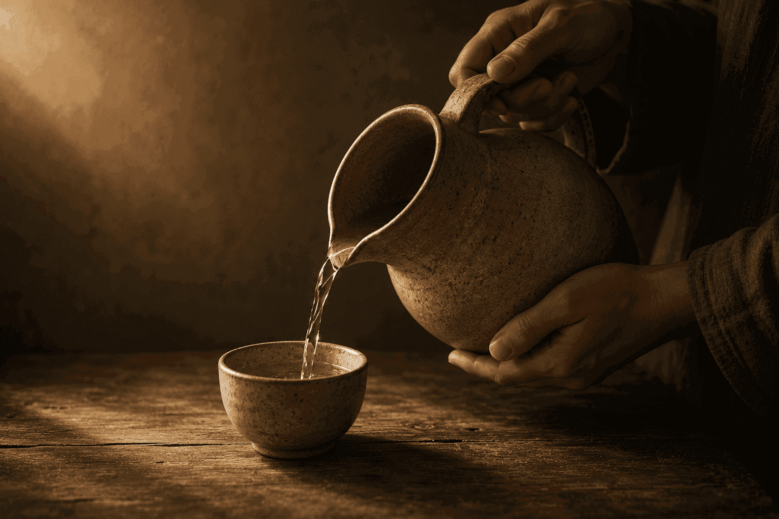 Una persona vertiendo agua de un recipiente grande a una taza pequeña