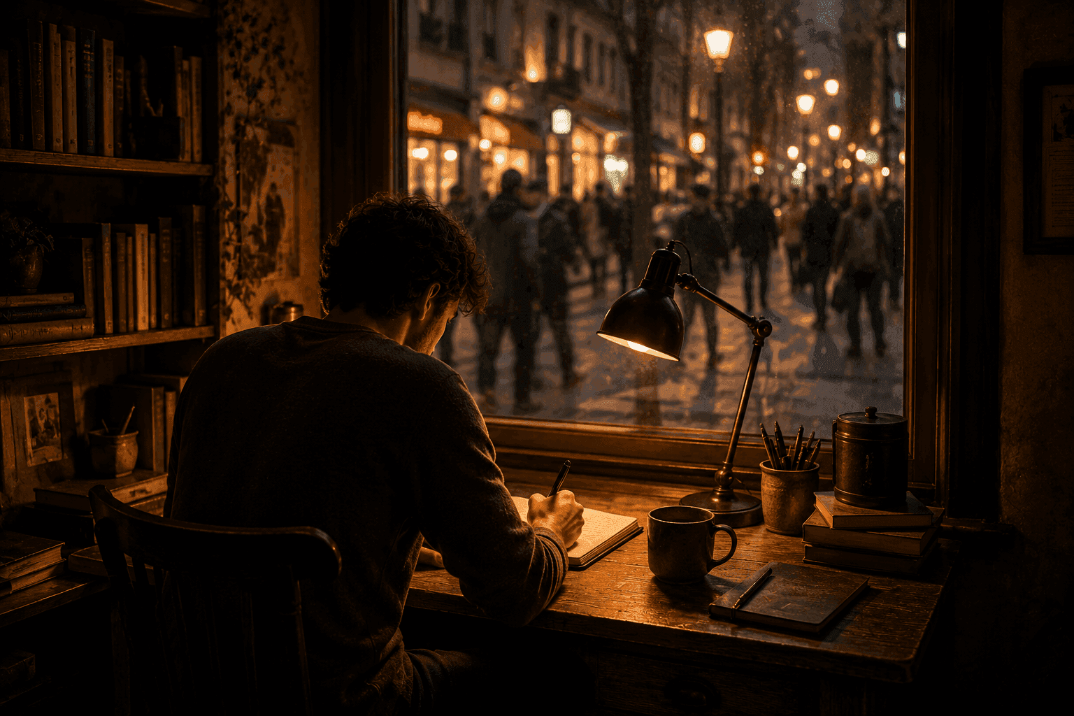 Una persona sola en un escritorio con lámpara cálida
