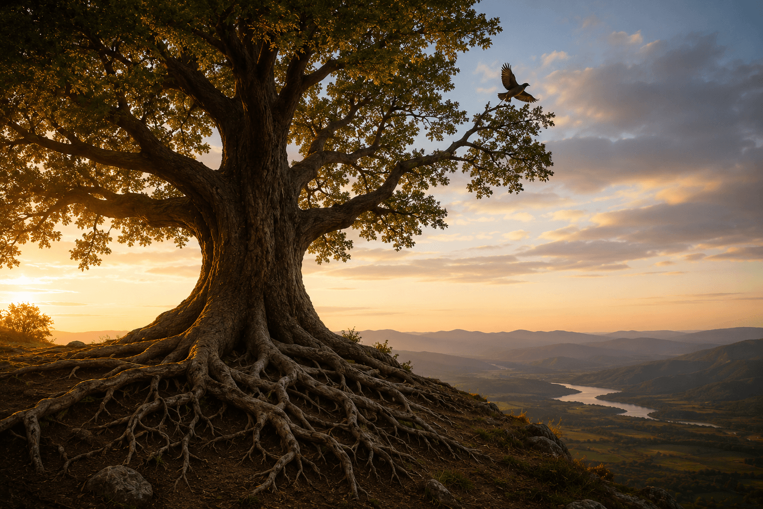 Un árbol grande con raíces profundas y un pájaro partiendo