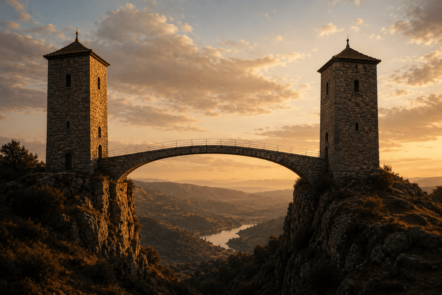 Dos torres de piedra conectadas por un puente