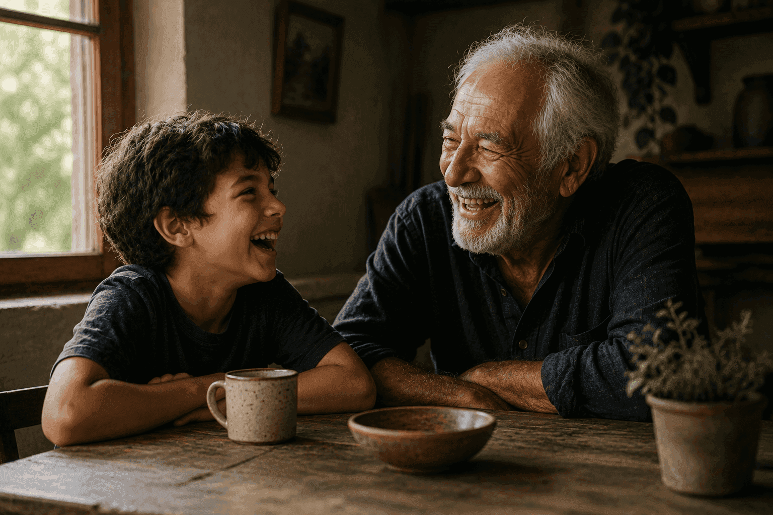 Un niño y un anciano riendo juntos