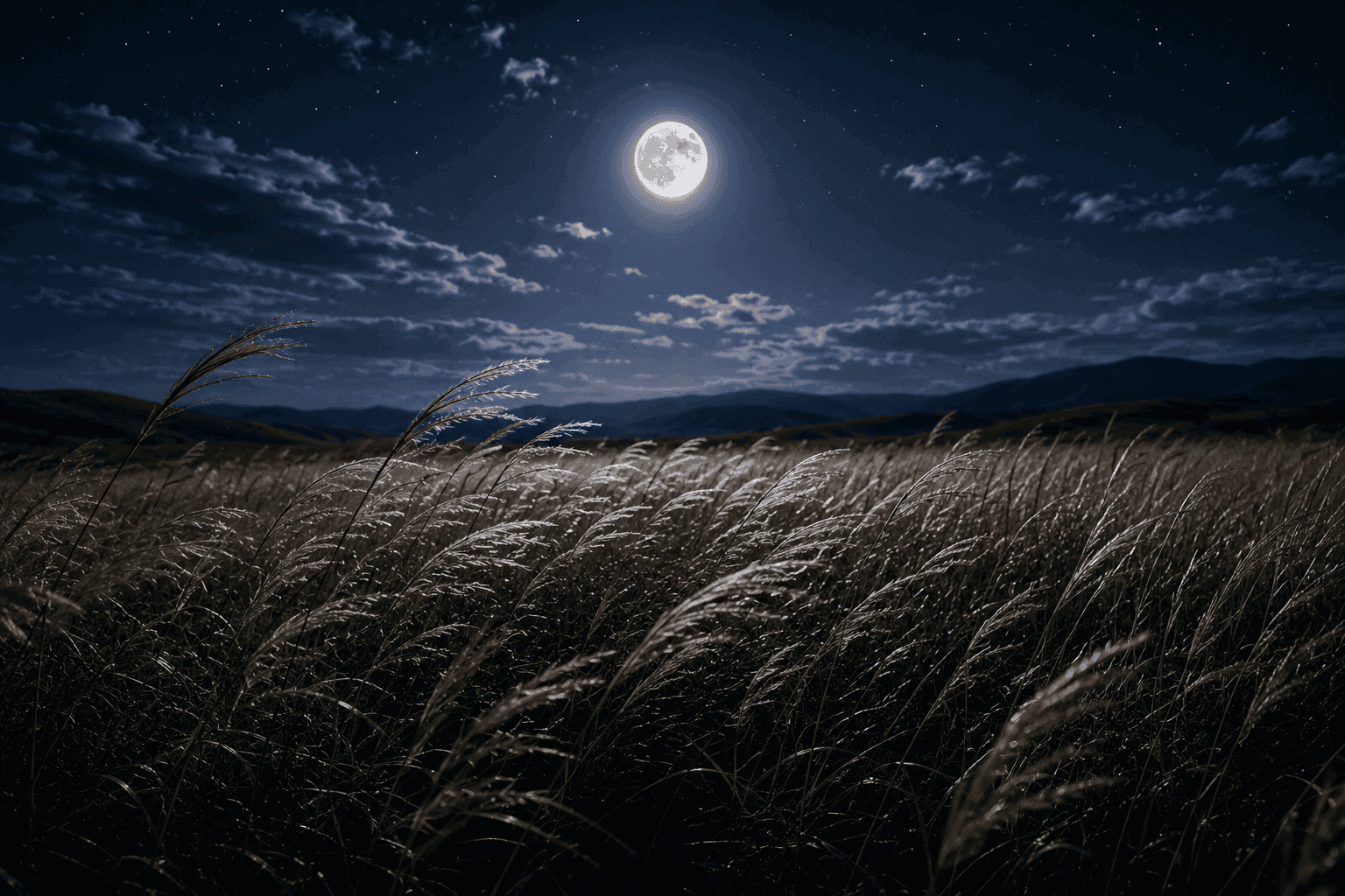 Campo de hierba bajo luna llena