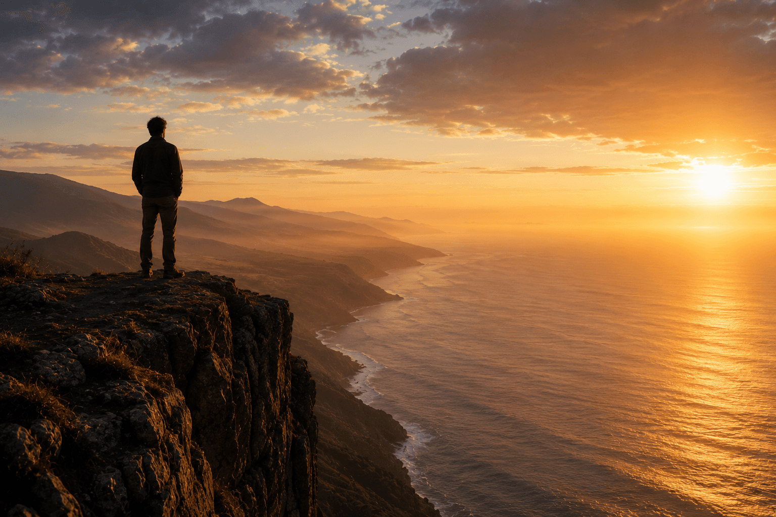 Una persona al borde de un acantilado mirando el horizonte