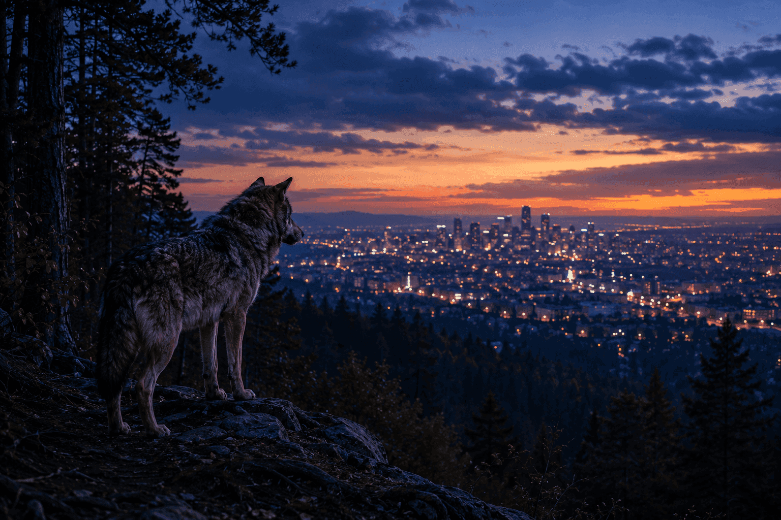 Un lobo al borde del bosque mirando las luces de la ciudad