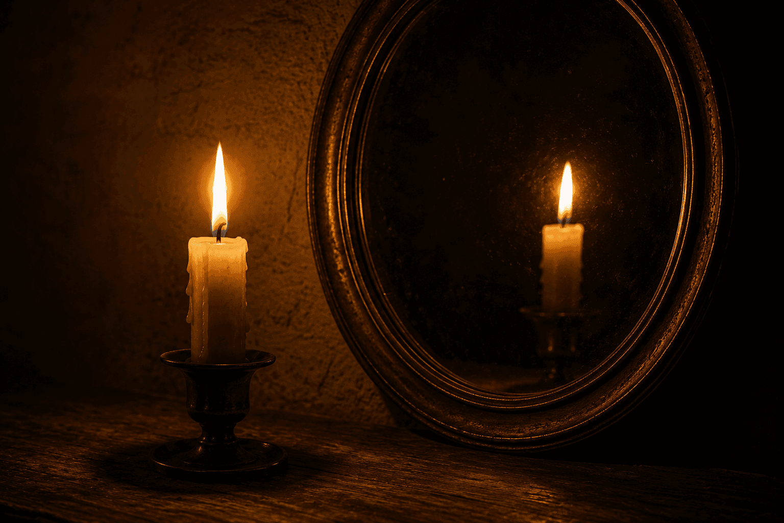 Una vela encendida reflejada en un espejo