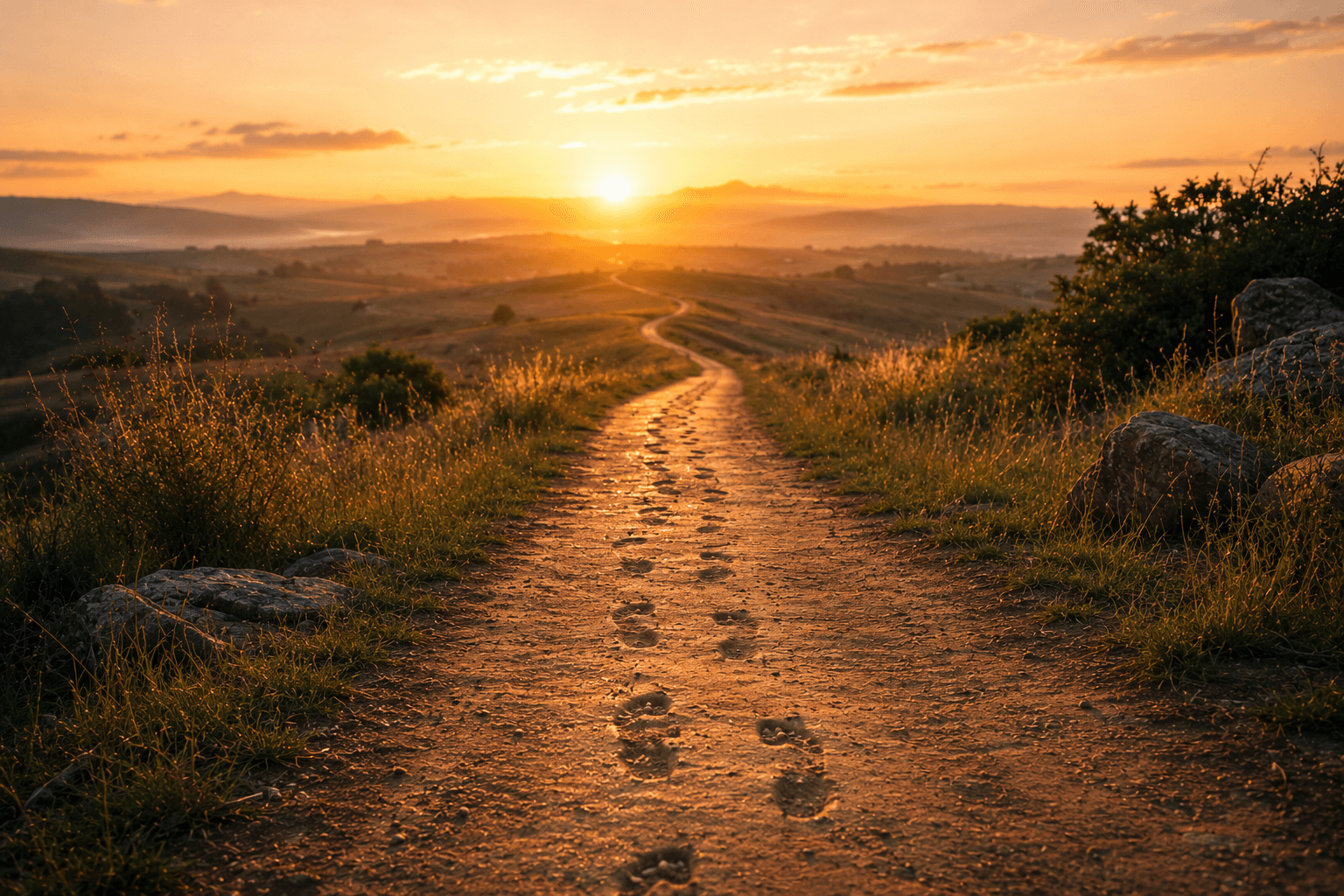 Un camino al amanecer con huellas que avanzan y regresan