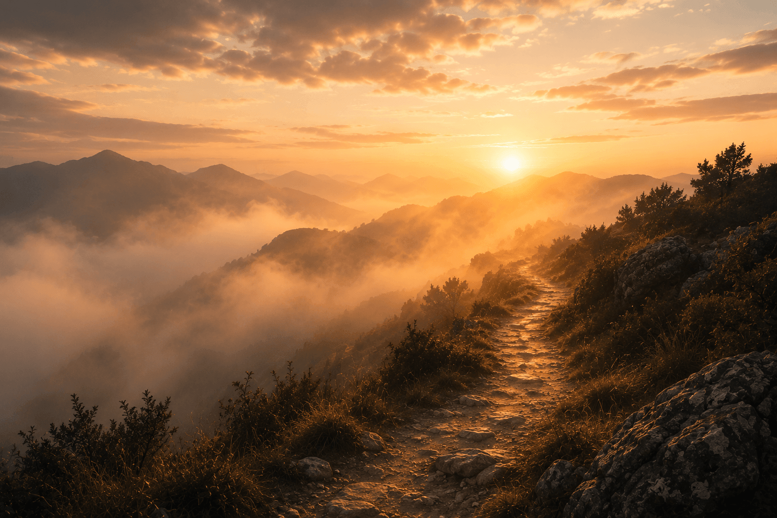 Camino de montaña al amanecer envuelto en neblina tenue